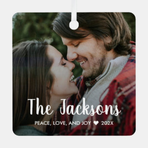 Stylish Christmas Minimal Rustic Couple Photo Metal Ornament