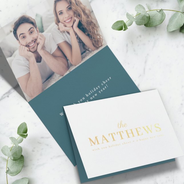 Stylish Christmas | Minimal Teal Fun Couple Photo  Foil Card (Creator Uploaded)