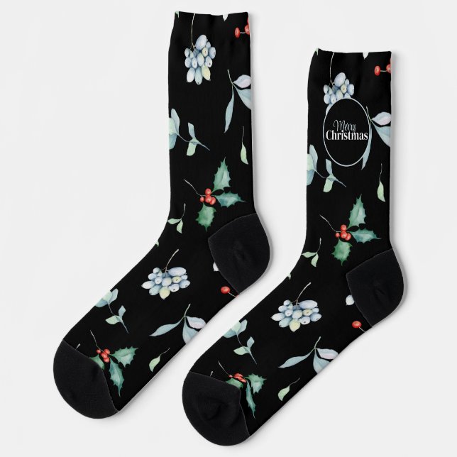 Stylish Christmas Pattern, Holly Red & Blue Berrie Socks (Left)