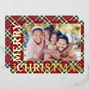 Stylish Christmas Plaid Photo Foil Holiday Card