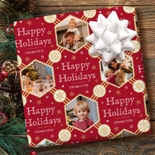 Stylish Christmas Snowflake Photo Deep Red Gold Wrapping Paper