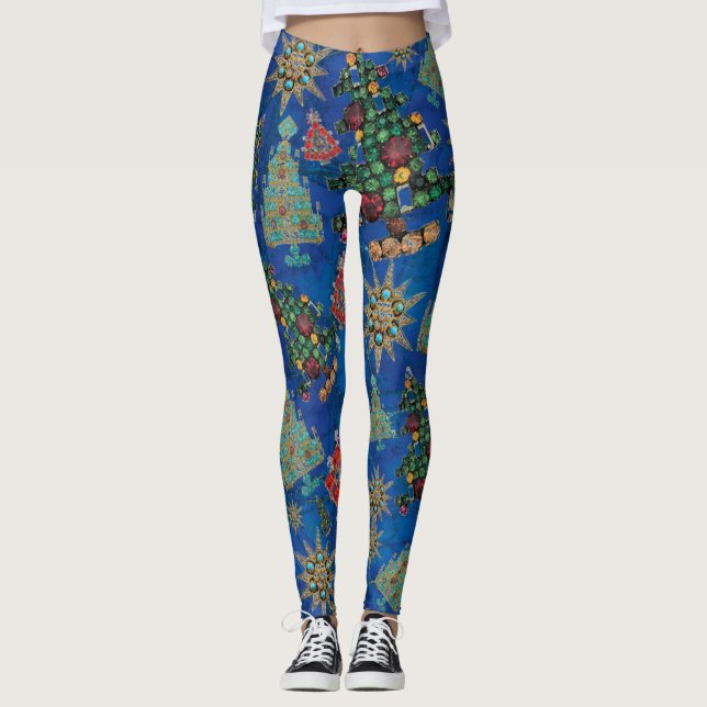 Stylish Christmas Tree Jewel Bling Lapis Lazuli  Leggings (Front)