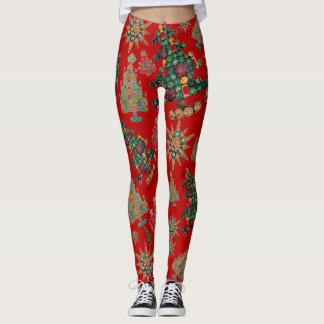 Stylish Christmas Tree Jewel Bling Red Leggings