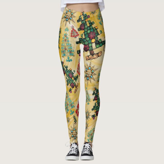 Stylish Christmas Tree Jewel Bling Yellow Leggings (Front)
