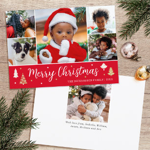 Stylish Christmas Tree Photo Collage Red Holiday Card