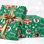 Stylish Christmas Trees Photo Collage Name Green Wrapping Paper<br><div class="desc">Make your Christmas gift extra special with this personalized photo wrapping paper. A stylish template with five of your own photos and the recipient's name or family name. This festive design features a traditional holiday pattern with Christmas trees, snowflakes and stars. Premium quality paper, available with a matte or glossy...</div>