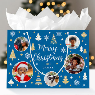 Stylish Christmas Trees Photo Name Blue Large Gift Bag