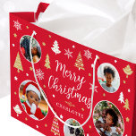 Stylish Christmas Trees Photo Name Red Large Gift Bag<br><div class="desc">Make your gift extra special with this personalized gift bag. There are five photos for you to replace with your own family,  friends or pets! A stylish holiday design featuring festive Christmas trees,  snowflakes and stars in red,  white and gold colour.</div>
