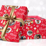 Stylish Christmas Trees Photo Name Red Wrapping Paper<br><div class="desc">Make your Christmas gift extra special with this personalized photo wrapping paper. A stylish template with five of your own photos and the recipient's name or family name. This festive design features a traditional holiday pattern with Christmas trees, snowflakes and stars. Premium quality paper, available with a matte or glossy...</div>