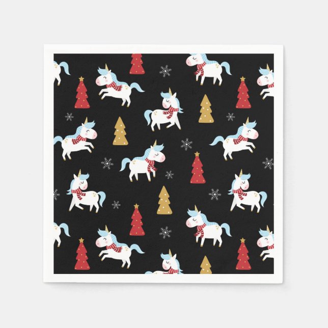 Stylish Christmas Unicorns Winter Snowflakes Trees Napkin (Front)