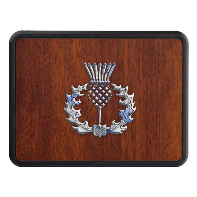 Stylish Chrome and Mahogany Wood Scottish Thistle Trailer Hitch Cover (Front)