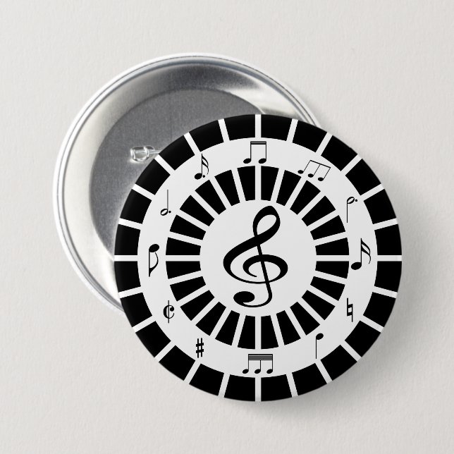 Stylish circular black white musical notes design 3 inch round button (Front & Back)