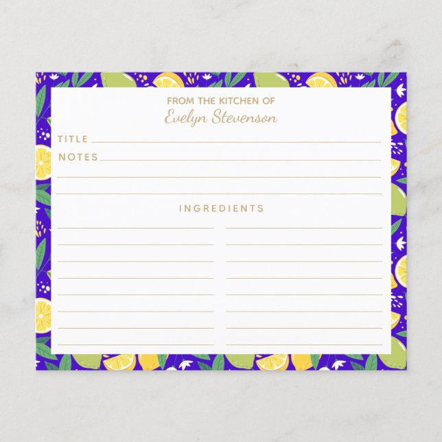 Stylish Citrus Lemon Botanical Blue Recipe Card (Front)