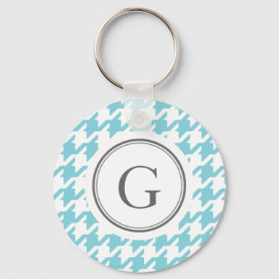 Stylish classic aqua blue houndstooth monogram keychain