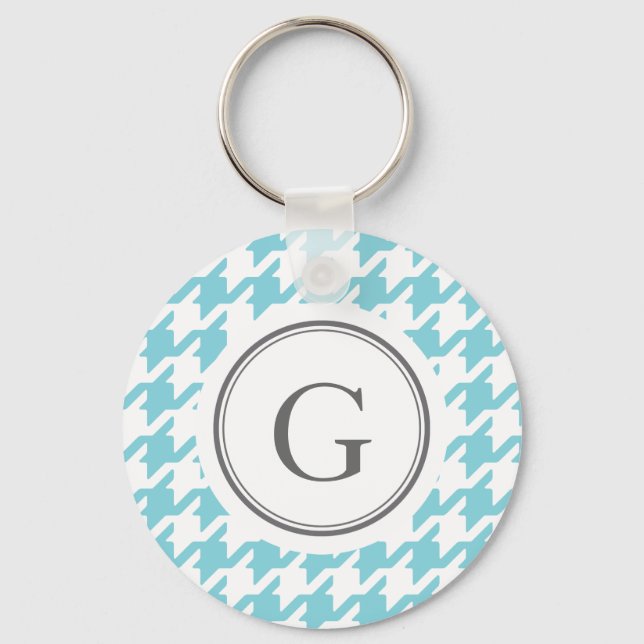 Stylish classic aqua blue houndstooth monogram keychain (Front)