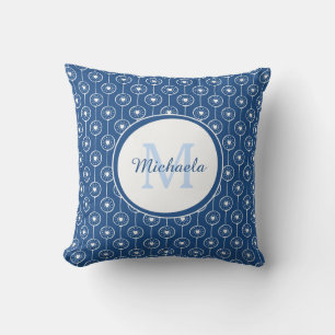 Stylish Classic Blue Monogrammed Name Heart Dots Throw Pillow