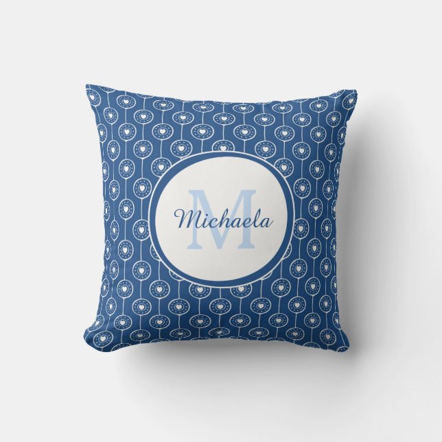 Stylish Classic Blue Monogrammed Name Heart Dots Throw Pillow (Front)