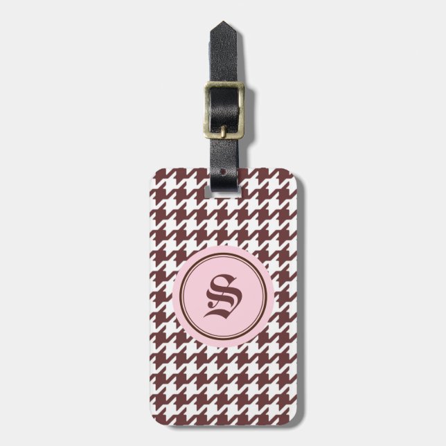 Stylish classic brown houndstooth pink monogram luggage tag (Front Vertical)