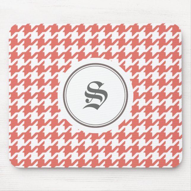 Stylish classic coral red houndstooth monogram mouse pad (Front)