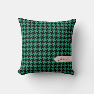 Stylish classic emerald houndstooth with monogram throw pillow