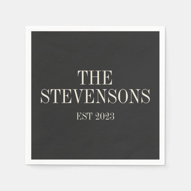 Stylish Classic Family Last Name Est Date Black Napkin (Front)
