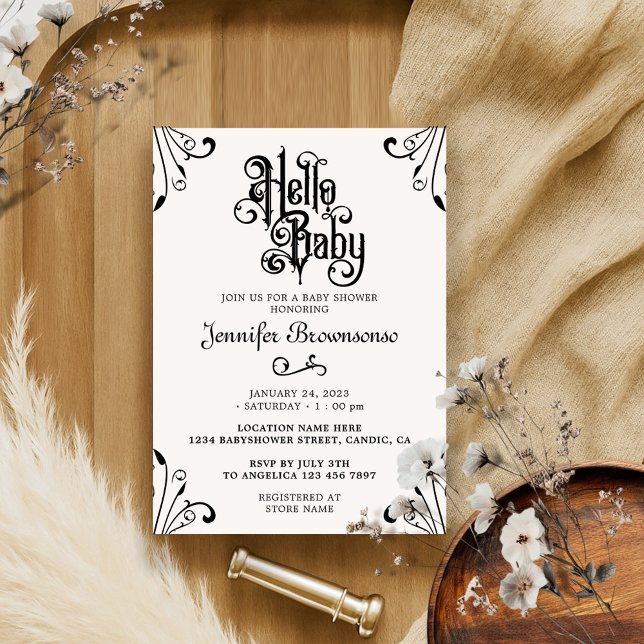 Stylish Classic Frame Retro Ornament Hello Baby Invitation (Creator Uploaded)