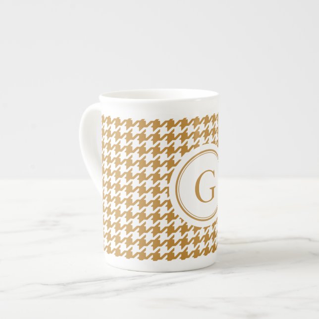 Stylish Classic gold houndstooth with monogram Bone China Mug (Front Left)