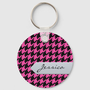 Stylish classic pink houndstooth with monogram keychain