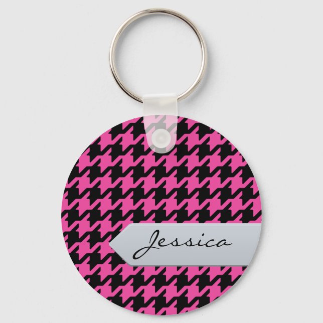 Stylish classic pink houndstooth with monogram keychain (Front)