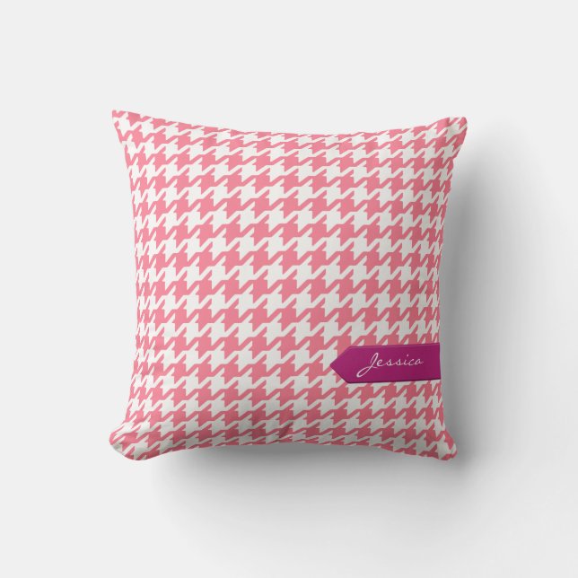 Stylish classic pink houndstooth with monogram throw pillow (Front)