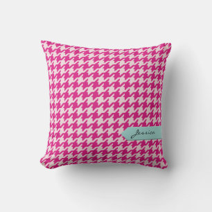 Stylish classic pink houndstooth with monogram throw pillow