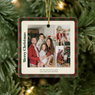 Stylish Classy Plaid 3 photos Christmas  Ceramic Ornament