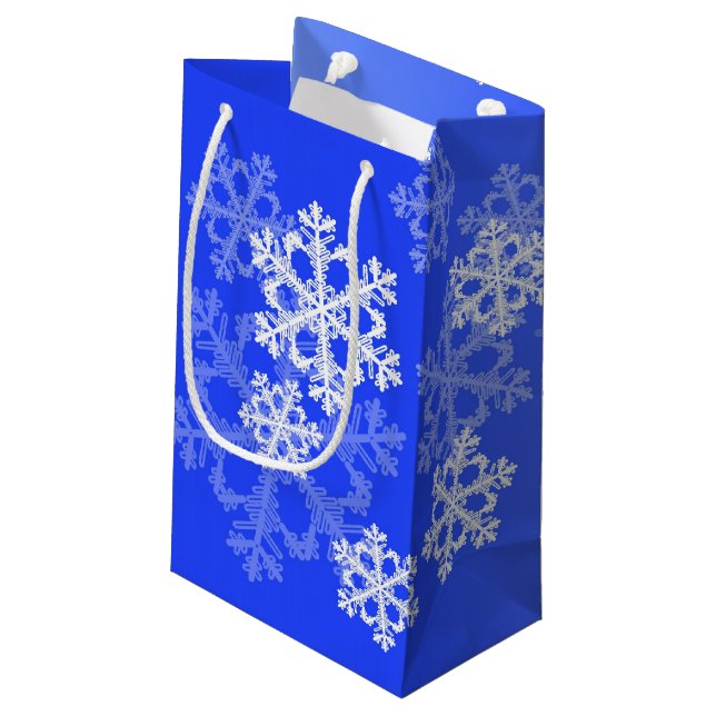 Stylish Cobalt Blue Snowflakes Modern Christmas  Small Gift Bag (Back Angled)