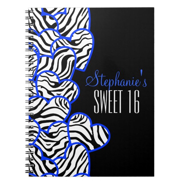 Stylish Cobalt Sweet 16 Zebra Heart Design Name  Notebook (Front)