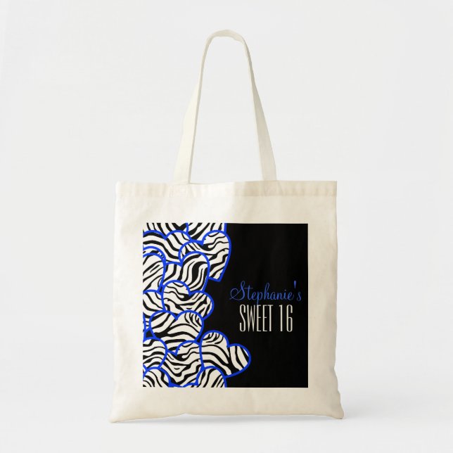 Stylish Cobalt Sweet 16 Zebra Heart Design Name  Tote Bag (Front)