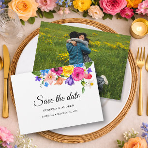 Stylish colorful bright wildflowers wedding photo save the date