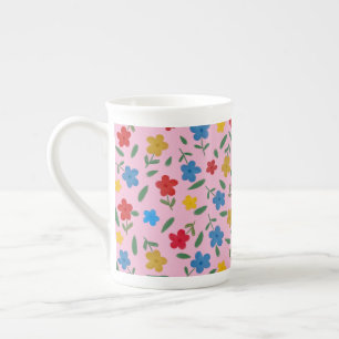 STYLISH COLORFUL FLOWERS PATTERN BONE CHINA MUG