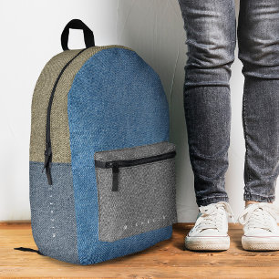 Stylish Colour Block Denim Blue Grey Gold Jeans Printed Backpack