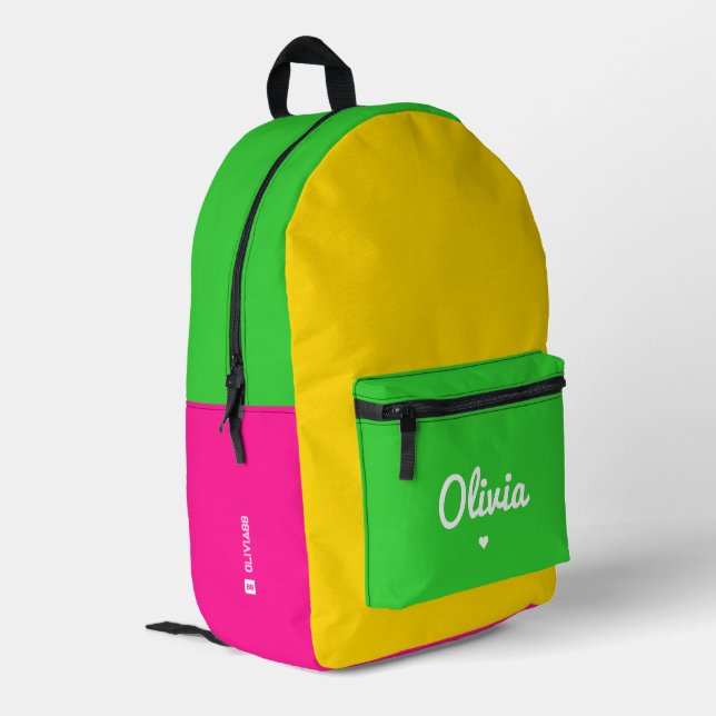 Stylish Colour Block Neon Pink Green Yellow Printed Backpack (Back Corner Left)