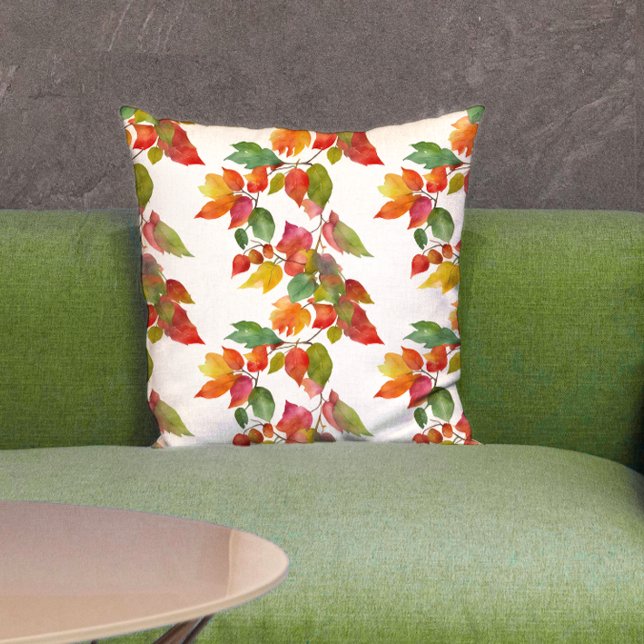 Stylish Colourful Autumn Leaves Watercolor Pattern Throw Pillow (Creator Uploaded)