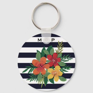 Stylish Colourful Floral on Black and White Stripe Keychain