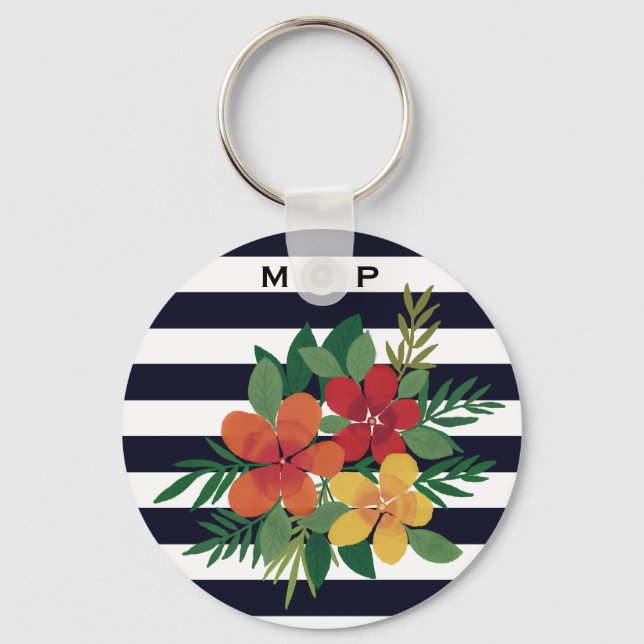 Stylish Colourful Floral on Black and White Stripe Keychain (Front)