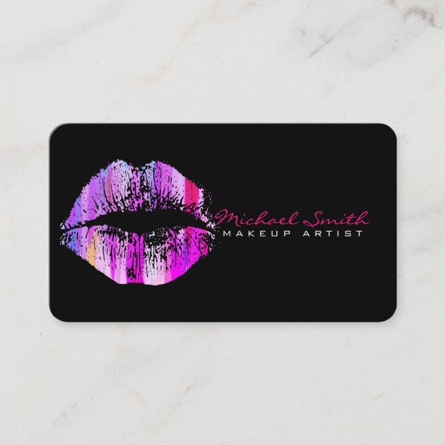 Stylish Colourful Lips Makeup Artist Plain Black Business Card (Front)