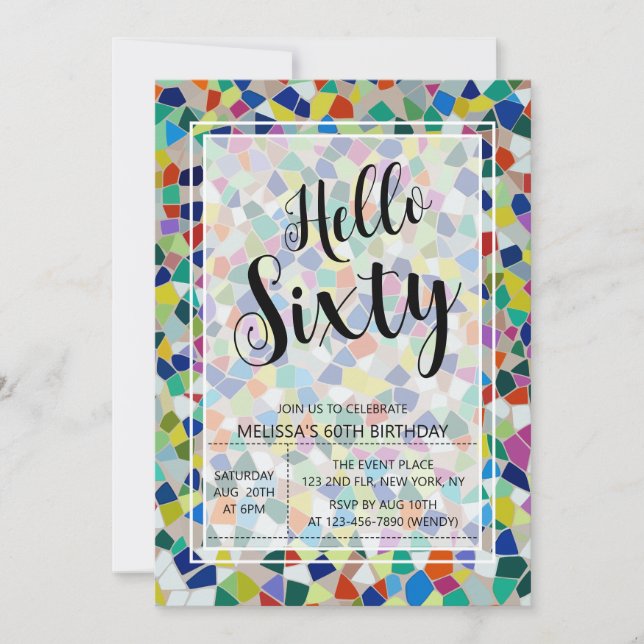 Stylish Colourful Mosaic Hello Sixty 60th Birthday Invitation (Front)