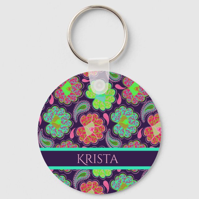 Stylish Colourful Paisley with Personalized Name Keychain (Front)