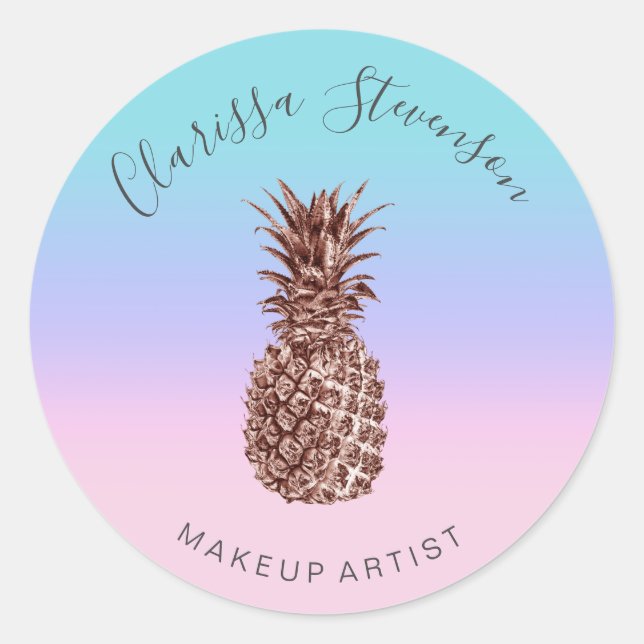 Stylish colourful rose gold pineapple pink makeup classic round sticker (Front)