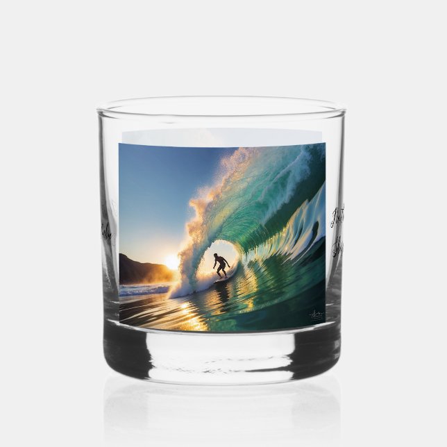 Stylish colourful surfer whiskey glass (Front)