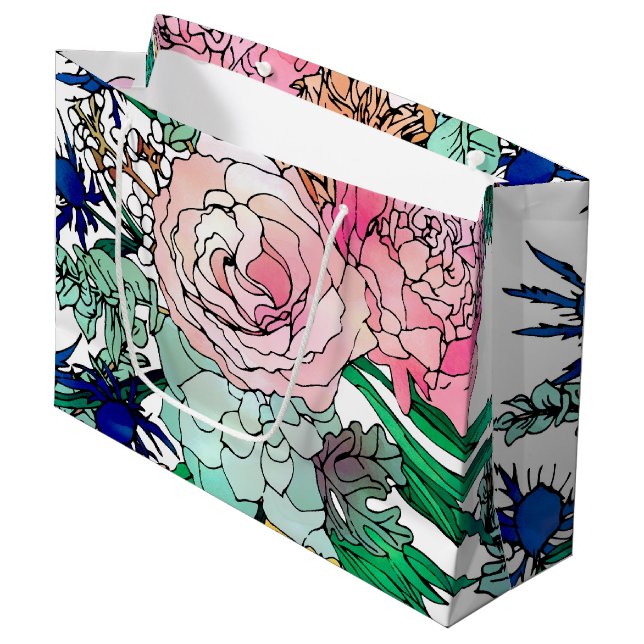 Stylish Colourful Watercolor Floral Pattern Large Gift Bag (Front Angled)