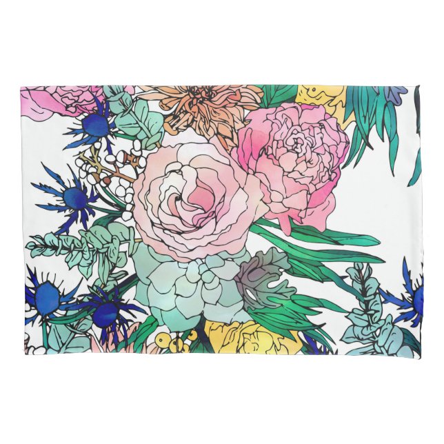 Stylish Colourful Watercolor Floral Pattern Pillowcase (Front)