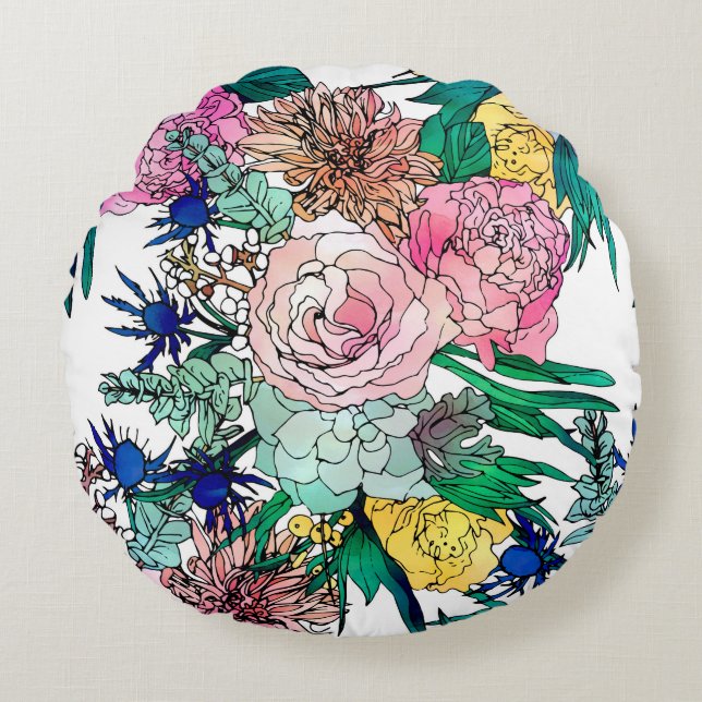 Stylish Colourful Watercolor Floral Pattern Round Pillow (Front)